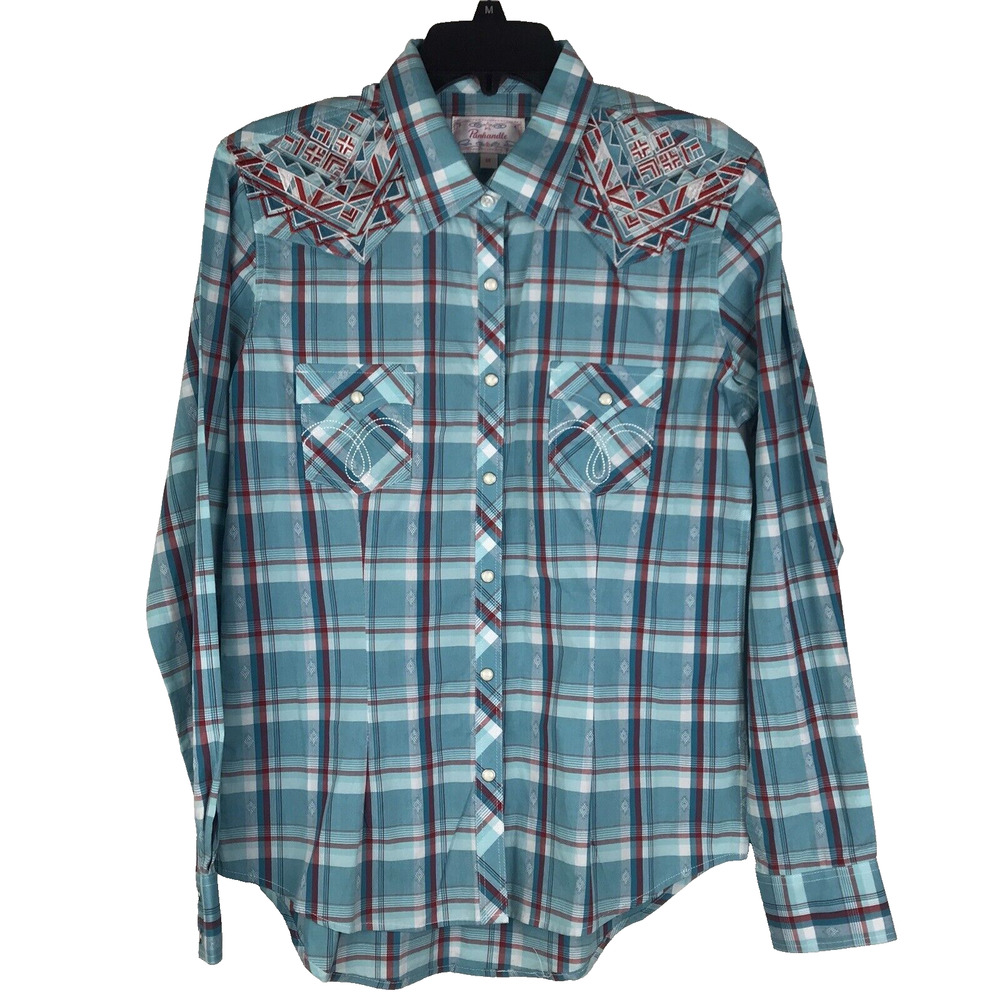 Panhandle Western Long Sleeve Shirt Pearl Snap Embroidered Blue Red Plaid Medium